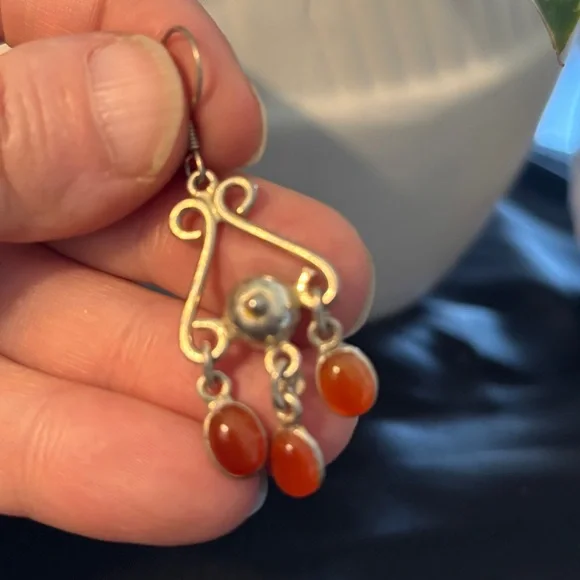 Sterling Silver Carnelian Chandelier Dangle Earrings Vintage Style - Picture 4 of 4